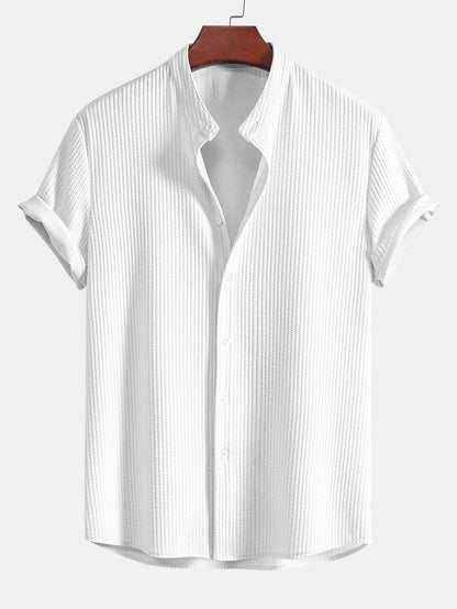 Muscle Fit Ribbed Stand Collar Shirt & Elastic Waist Straight Leg Trousers