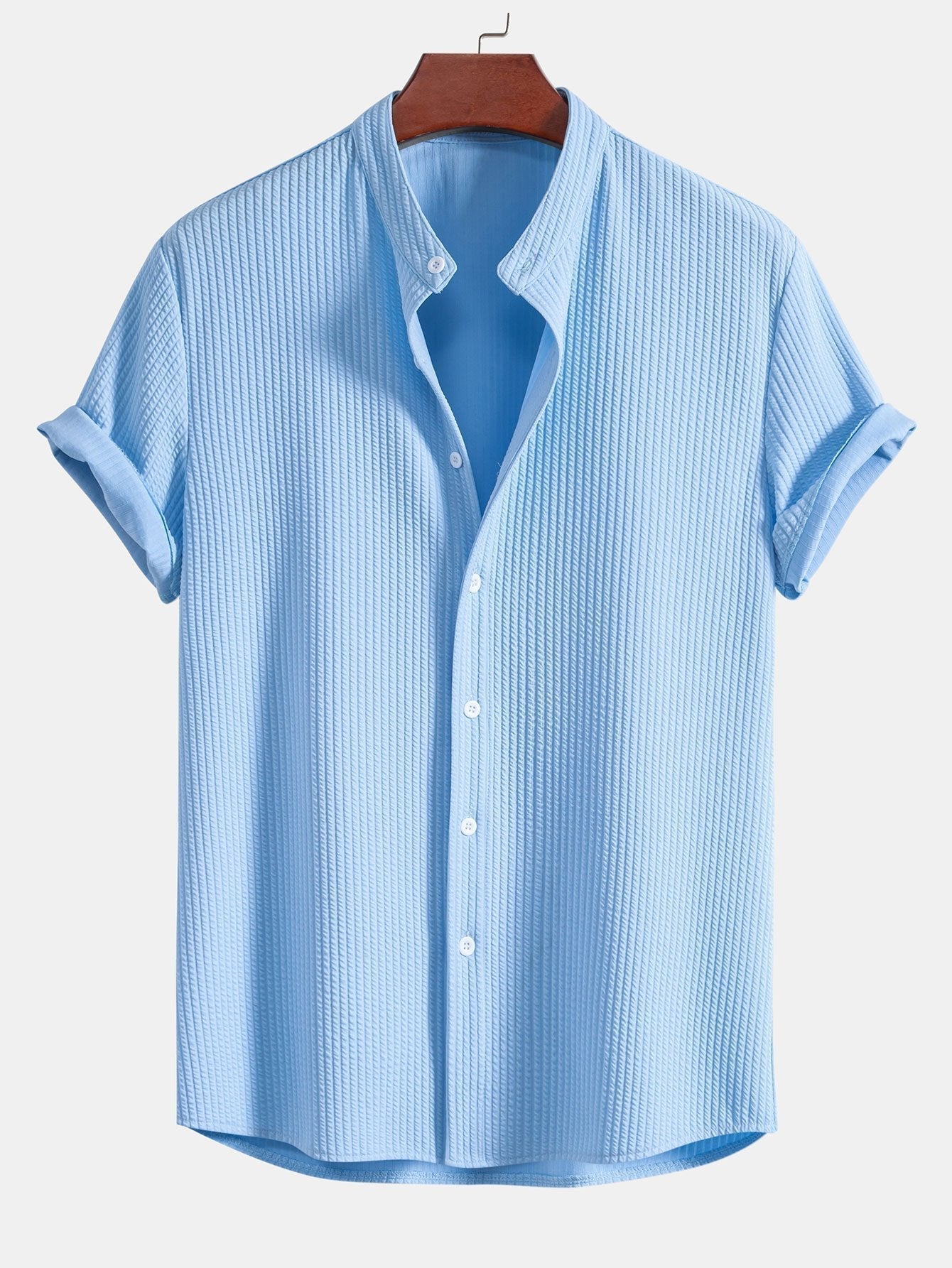 Muscle Fit Ribbed Stand Collar Shirt & Elastic Waist Straight Leg Trousers